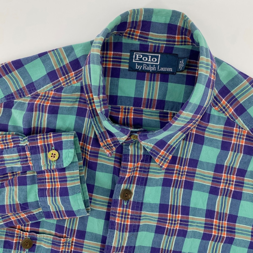 Polo Ralph Lauren Plaid Button Down Shirt Men's L Green Purple Orange Casual